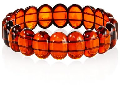 AMBERHOLL Natural Cognac Baltic Amber Stretch Bracelet for Women – Oval Beads 0.59x0.39, 7 Length – Handmade in Lithuania
