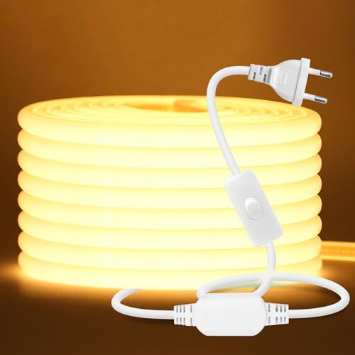 Wisada 230V COB Neon LED Streifen 8m, 270°Beleuchten Licht, Schneidbar (50cm), 288LEDs/m Superhell Flexible Warmweiß FCOB LED Leuchtband Mit Schaltstecker für Weihnachten, Party Deko