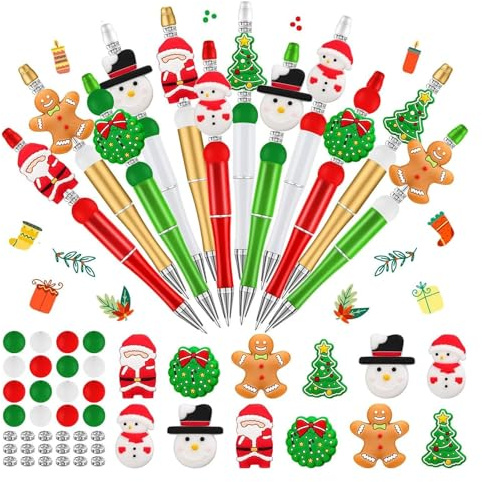 Johiux 12 Stück Weihnachten Bastelset Kinder,Bastelset DIY Perlenstift Kugelschreiber Set mit Schneemann Perlen,Kugelschreiber Weihnachten Geschenk für Jungen und Mädchen