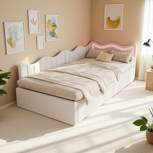 Aneutr Polsterbett Schlafsofa 90x200 cm, Einzelbett mit LED-Beleuchtung und hydraulischem Stauraum, Tagesbett Gästebett jugendbett Kinderbett mit Lattenrost, Teddysamt, Ohne Matratze (Weiß, 90x200)