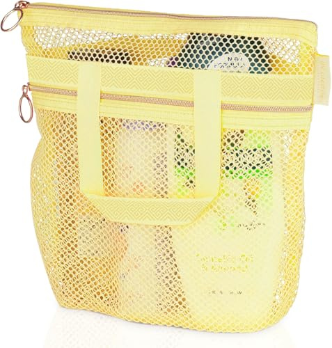 DV Lifestyle Mesh Shower Bag 25 x 26cm Caddy with Zipper & 2 Pockets. Quick-Dry Portable Toiletry Tote for Bathroom, Gym, Travel, Camp, Beach, for Sunscreen, Dorm & College Essentials (Yellow)