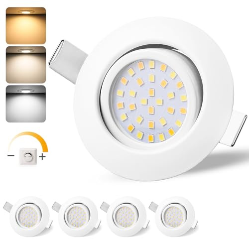 GeyouLux LED Einbaustrahler 230V IP44, 65-75mm EinbauØ Dimmbar Deckenspots | 6W 45° Schwenkbar Einbauleuchten 3000K Warmweiß 4000K Neutralweiß 6500K Kaltweiß Ultra Flach Einbauspots, 4er Set Weiß