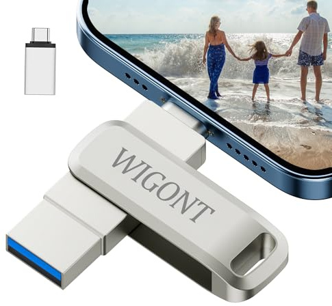 WIGONT 128 GB Pendrive para lphone Memoria USB para Fotos y vídeos | Memoria Externa para lphone, lPad, Android y PC,Pen drive lphone con Adaptador Tipo C Separado