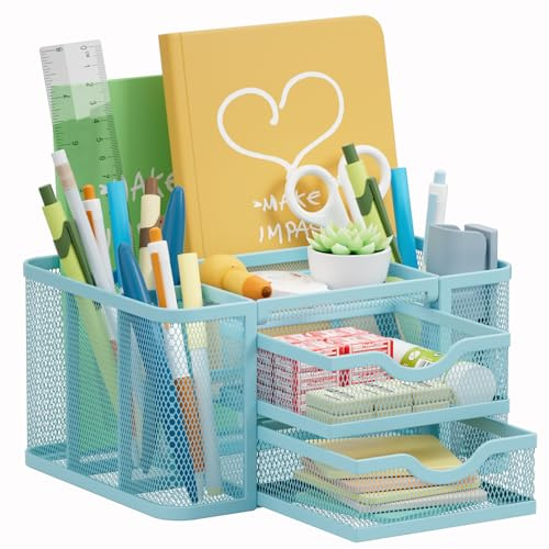 Marbrasse Organizer Scrivania con Cassetti,Porta Penne da Scrivania in Rete Metal,Organizzatore Scrivania Accessori per Casa Ufficio(Blu)