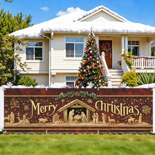 CRYSLOVE Striscione Natalizio con Scritta Merry Christmas, Grande Banner Decorazioni Natalizie per Giardino Cortile Portico,300x90 cm (Natale Religioso, 300 * 90cm)