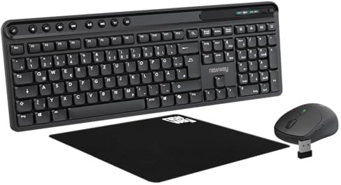 NEWWAY NKMP252 – Teclado inalámbrico ratón Set 2,4 GHz – QWERTZ alemán – teclas silenciosas, 14 teclas multimedia, ratón ergonómico ligero de 6 botones, alfombrilla de ratón incluida, batería de larga