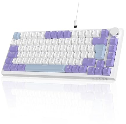 AJAZZ AK820 Wired Mechanical Keyboard, 75% Gaming Keyboard with Volume Control Knob, German QWERTZ Layout, 82 Keys, Five-Layer Sound Insulation Pad, RGB Backlight, Full-Key Hot Swap, Blue White Purple