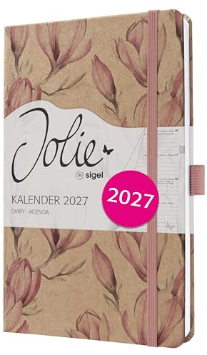 SIGEL Jolie Wochenkalender 2027 A5 rose weiß Hardcover aus Kraftpapier | 7J813, Gummiband, Stiftschlaufe, 174 Seiten, vegan, Buchkalender, Terminplaner Taschenkalender