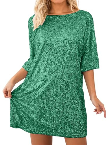 Pailletten Kleid Damen Paillettenkleid Silber Glitzer T-Shirt Kleider Sparkle Minikleid Kurzarm Lockerer Schnitt Elegant Partykleid Silvester Kleid Damen Glitzer für Karneval Disco Clubwea