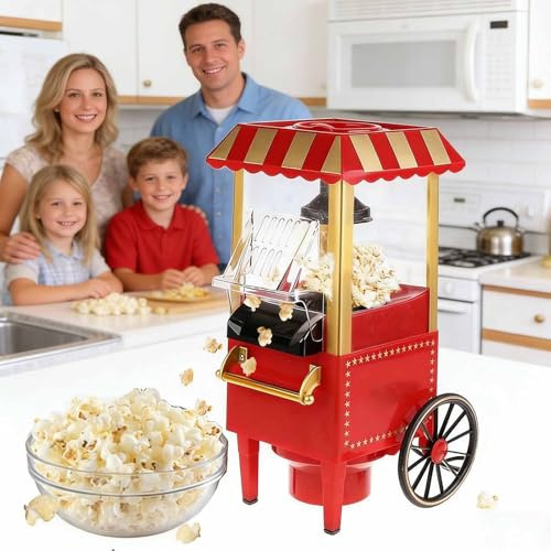 ERICAT 1100W Hot Air Popcorn Machine, Red Vintage Popcorn Maker Machine, Healthy and Fat-Free, Easy To Clean and Even Heating, Fast and Efficient Cooking, Durable Safe and Compact, for Home