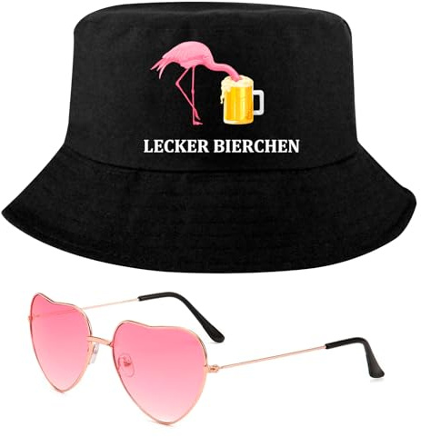Scinzene Fischerhut Lustig Lecker Bierchen Set mit Herz Sonnenbrille – Mallorca Party Outfit Damen Herren, Malle Accessoires Sommer Urlaub, Mallorca Accessoires Festival Hut Flamingo Design