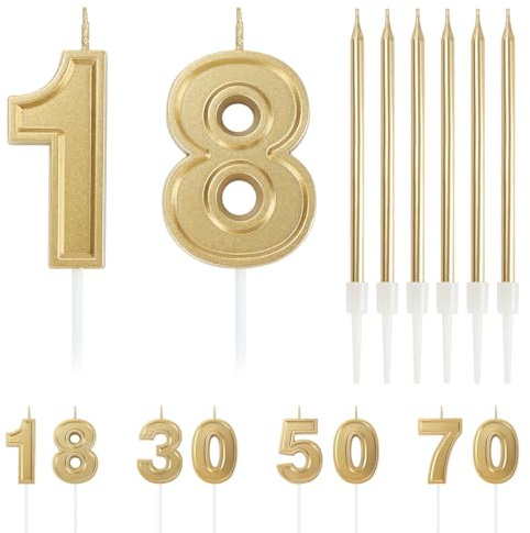 Alaoo Velas Cumpleaños Número 18,con 6 Largo Fino Velas de Cumpleaños | Velas Oro Champán Número 3D ,para Fiesta de Cumpleaños de 18 años,Boda,Aniversario,Decoración de Pastel