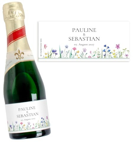 Mimi und Anton PICCOLO Banderole PERSONALISIERT | 10x AUFKLEBER für Hochzeit, Piccolo-Aufkleber für eure Hochzeit, kleine Sektflaschen Aufkleber, Etiketten, Design Wildblumen