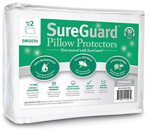 Set of 2 Standard Size SureGuard Pillow Protectors - 100% Waterproof, Bed Bug Proof, Hypoallergenic - Premium Zippered Cotton Covers - Smooth
