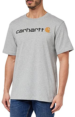 Carhartt Herr Relaxed Fit Heavyweight kortärmad logo grafisk arbets-t-shirt, Ljunggrå, M