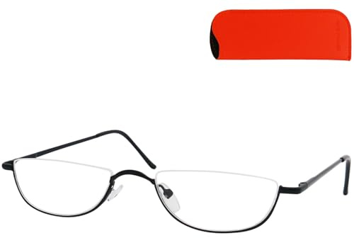 Mini Brille Halb Rund Lesebrille aus Metall mit Federscharnieren und Etui | 17 g leichte Halbbrille mit Edelstahlrahmen, Nasenpads, Federscharnieren und Etui für Alltag und unterwegs.