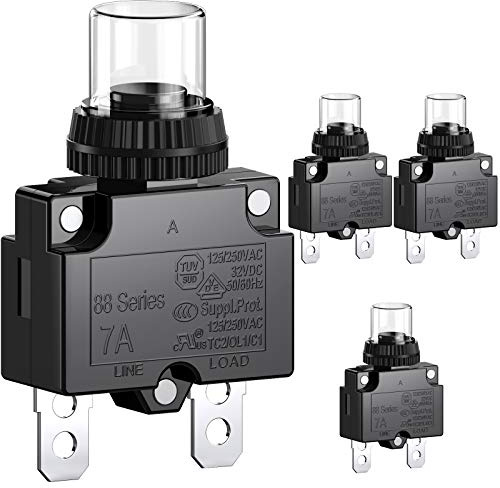 CLDIY Interruttore di alimentazione 7 A con protezione termica da sovraccarico 88 Series Manual Push Button Reset con morsetti a collegamento rapido e cappuccio impermeabile 32 VDC o 125 / 250 VAC 4