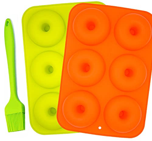 Wybtbm 2 Pcs Moldes de Silicona para Donuts, 6 Cavidades, Molde para Pasteles, para Hornear, para Donut,per Magdalenas Gelatina Galletas,1pc Cepillo de silicona
