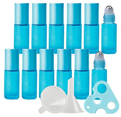 TIANZD 12 Stück Leere 5ml Matt hellblau Glas Roller Flaschen mit Alu Schraubverschluss, Roll-On Glasflaschen mit Glasroller für Ätherische Öle Essential Oil mit Trichter Öffner