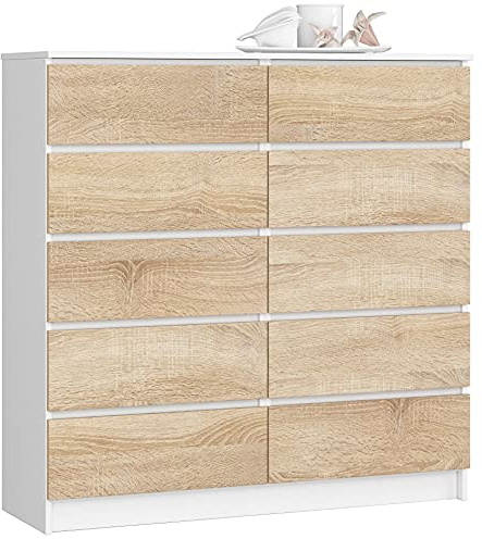 AKORD Kommode K-120 mit 10 (2 x 5) Schubladen | für das Wohnzimmer Schlafzimmer Schrank Büro Arbeitszimmer | Modernes Funktionales Design | B120 x H121 x T40 cm, Gewicht 70 kg | Weiß/Sonoma-Eiche