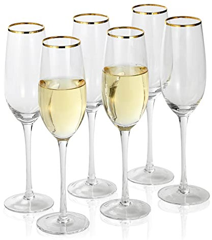 EVEREST GLOBAL Gold Rim Champagne Flutes 8.0 oz Set of 6 Hand Blown Clear Glass with Golden Rim