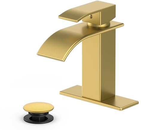 Ryuwanku Bathroom Faucet Brushed Gold Modern Waterfall Bathroom Sink Faucet with Single Handle Suitable for 1 or 3 Holes,Supply Deck Plate and Hose…