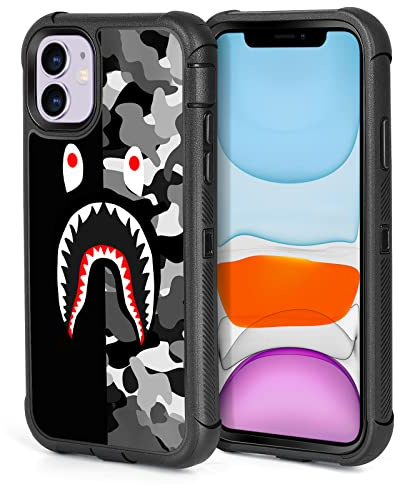 XWMHHP Compatible with iPhone 12 Case iPhone 12 Pro Case Cool Camo Black White Shark Design for Men Boys, 3-Layer Rugged Shockproof Hard Plastic Bumper +Silicone Rubber Heavy Duty Protection Cover