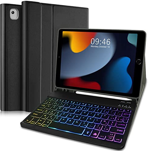 Funda teclado para iPad de 10,2 pulgadas 2021/2020/2019(9e/8e/7ª generación) AZERTY francés retroiluminado teclado desmontable con Smart Folio cubierta para iPad Pro 10,5 2017, iPad Air 3, color negro
