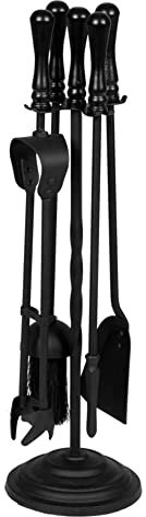 SAVING HUB 5 Piece Companion Set Fireplace Tools - Indoor Accessories for Coal Wood Fires Burner Cast Iron Toolset - Includes Brush, Tongs, Shovel, Poker Fireset Kit Black (Round Base 19)