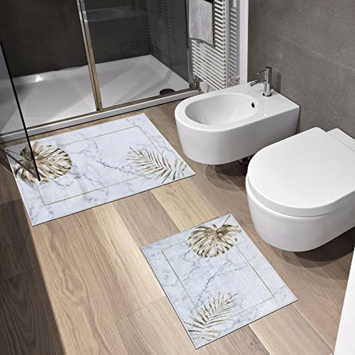 e-floor 2X Badematte | 50x40cm + 50x80cm | Blätter | Anti-Rutsch | Badteppich | Badvorleger | Duschvorleger | Duschmatte | Rutschhemmend | Ultraweich | Saugfähig