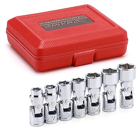 EMENTOL 7PCS 3/8 Drive Universal Joint Socket Set, 6 Point, SAE Universal Flex Socket Set, CR-V, Swivel Head, 3/8 Inch - 3/4 Inch