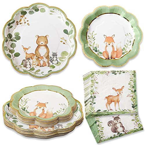 Kate Aspen Woodland Baby Shower Decorations, 62-Piece Disposable Paper Plates & Napkins Party Supplies for 16 Guests - Woodlands Animals Theme for Baby Boy Shower Table Decorations, Gender Reveal