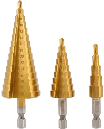 Högert Technik Stufenbohrer SET, HSS Schälbohrer, 4-12 mm, 4-20 mm, 4-32 mm, Titanbeschichtet, HEX 1/4, Kegelbohrer für Metall, Holz & Kunststoff, konischer Bohrer