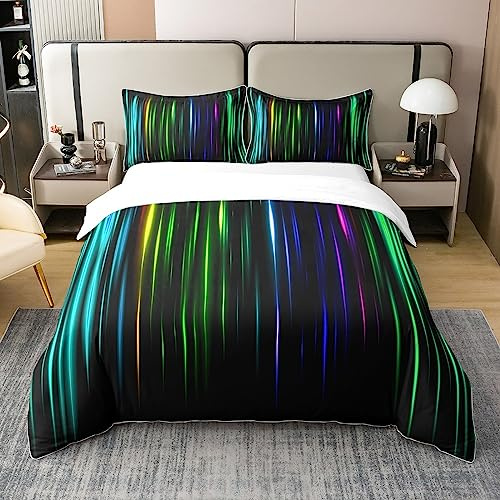 Homewish Coton, Ensemble de Literie Noir Arc-en-Ciel 220x240, Housse de Couette Moderne À Rayures Dégradées pour Garçon Fille Ado, Parure de Lit Imprimé Géométrique, À Lignes Colorées