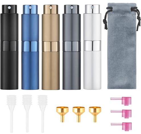 Tekson Perfume Travel Spray Bottle - 8ml Mini Cologne Atomizer Refillable for Men - Small Size Refill Glass Fragrance Container for Travel Essentials Toiletries - Empty Decanter Sample Dispenser 5PCS