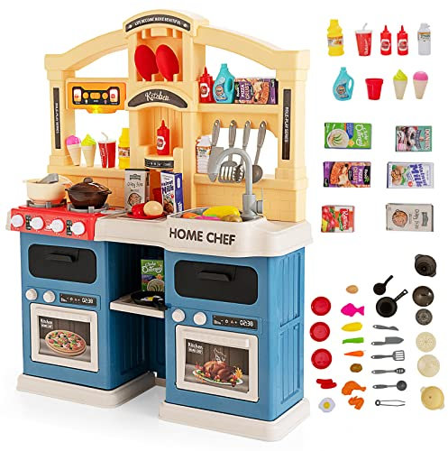 DREAMADE 42 TLG. Kinderküche mit Dampf Licht Sound Wasser, Kinderspielküche mit Spüle Wasserhahn Herd Backofen, Spielzeugküche, Spielküche für Kinder ab 3 Jahren (Blau)