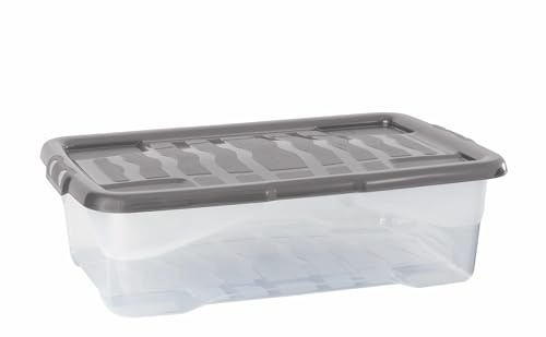Strata 5 x 30 Liter stapelbare Aufbewahrungsbox aus Kunststoff mit Deckel zum Anklippen, 5 Stück, Multi-Aufbewahrungsbox für Zuhause und Büro, transparente Box, grauer Deckel, (17 cm H x 40 cm B)