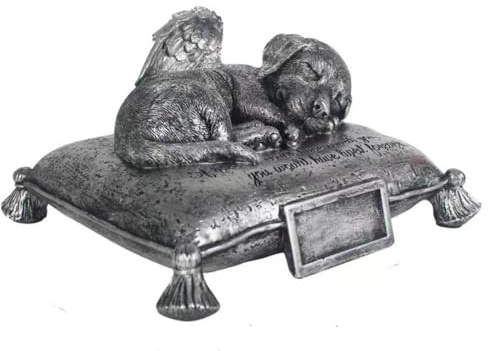 AENZA Hundeurne，Katzenurne,Hunde Urne grau als Hunde-Engelfigur und Gravurplatte, Tierurne Engel Hund schlafen auf Kissen Urne