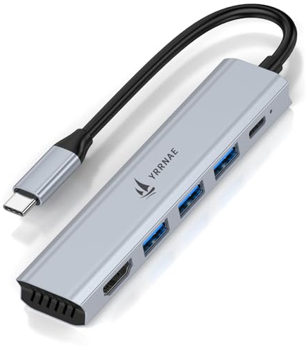 Hub USB C, adaptador multipuerto USB C 5 en 1 con HDMI 4K 30Hz, 3 puertos de datos USB-A, 100 W PD, convertidor USB tipo C de aluminio para MacBook Series, iPhone 15 Pro/Pro Max, Galaxy, Surface Go