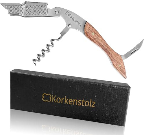 KORKENSTOLZ Sacacorchos Cuchillo de camarero con mango de madera – Cuchillo de camarero ideal para amantes del vino y restauradores con cortador de láminas y abrebotellas para tapas de corona
