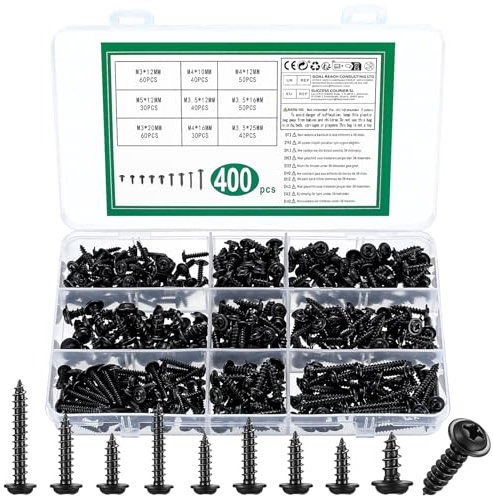 400 Pcs Black Self Tapping Screws Metal, M3 M3.5 M4 M5 Phillips Pan Head Self Drilling Screws Assortment with Washers Head for Wood Metal Plastic DIY Repair