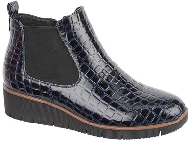 Jo & Joe Ladies Croc Patent Chelsea Wedge Ankle Boot With Side Gusset, Inside Zip For Ease Of Wear & Warm Fur Lining. Sizes 4-8 (Navy, UK Footwear Size System, Adult, Women, Numeric, Medium, 7)