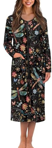 Suhoaziia Damen-Hausmantel mit Reißverschluss vorne, langärmelig, Nachtwäsche, Bademantel mit Tasche, weiche Loungewear, Größe S-4XL