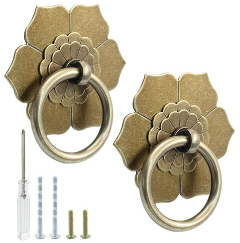 Murtenze Bronze-Antik Messing Ring Ziehgriff, 2 Stück | Vintage-Stil, für Küchenschränke, Kleiderschrank, Schublade, Möbel, mit Schrauben, Blumen-2