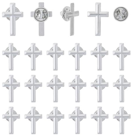 SUPERFINDINGS Lot de 24 épingles à revers en forme de croix Kaplan - 2,5 x 1,6 cm - Alliage platine - Broche commémorative - Église funéraire - Prière - Événement public