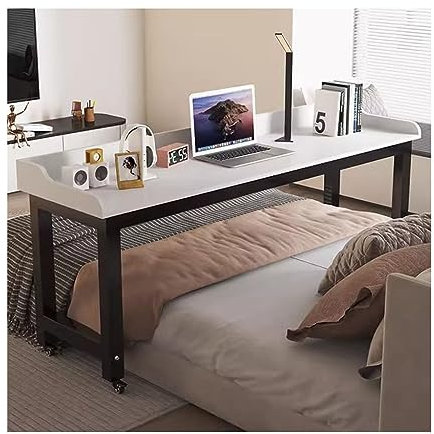 OWOHYG Überbetttisch Überbetttisch Schlafzimmer Überbetttisch mit Rollen, 360 ° Drehbare Rolle mit Bremse, Massivholz Computertisch/Schreibtisch, Einfach Zusammenzubauen(180x40x80cm)