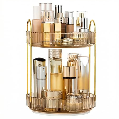 Cnwinu Make Up Organizer Drehbar,Schminktisch Organizer Rund,badezimmer organizer,Parfüm Regal,Beauty Organizer,Kosmetik Organizer für Kosmetik Skincare Parfum (2 Schichten Champagnergold)