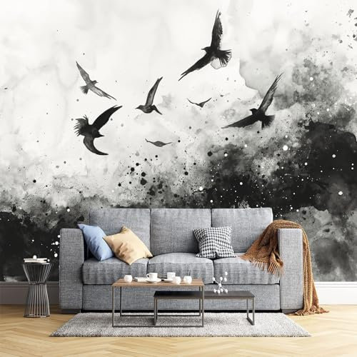 JEDTAKCT 300X210Cm Seidetapete Tinte Krähetapete Elegance Tapete Im Spritzer Tinte Aquarell Design Tapete Wandtapete Wohnzimmer Schlafzimmer Flur Strukturtapete