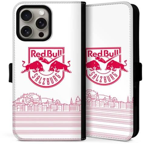 Klapphülle kompatibel mit Apple iPhone 16 Pro Handyhülle aus Kunst Leder schwarz Flip Case Eishockey Skyline EC Red Bull Salzburg