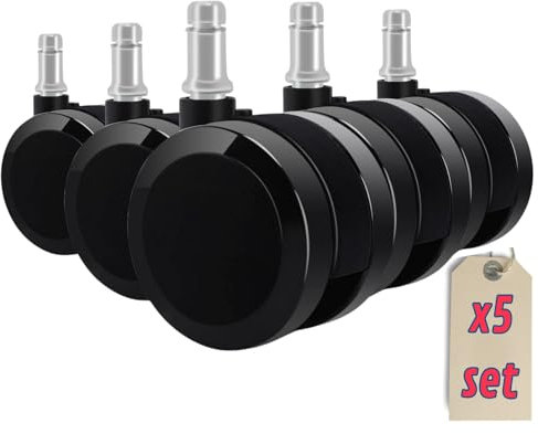 EGC - Set da 5 Pezzi Ruote per Sedia Ufficio 11mm x 60mm - Ruote Gommate Silenziose per Pavimenti Duri, Piastrelle e Mobili - Rotelle Sedia Ufficio - Made in Italy